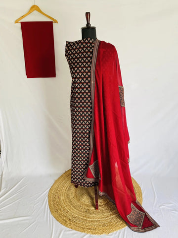 Ajarakh Vegetable Dye Patchwork Dupatta Cotton Suit Material RAKHIYO