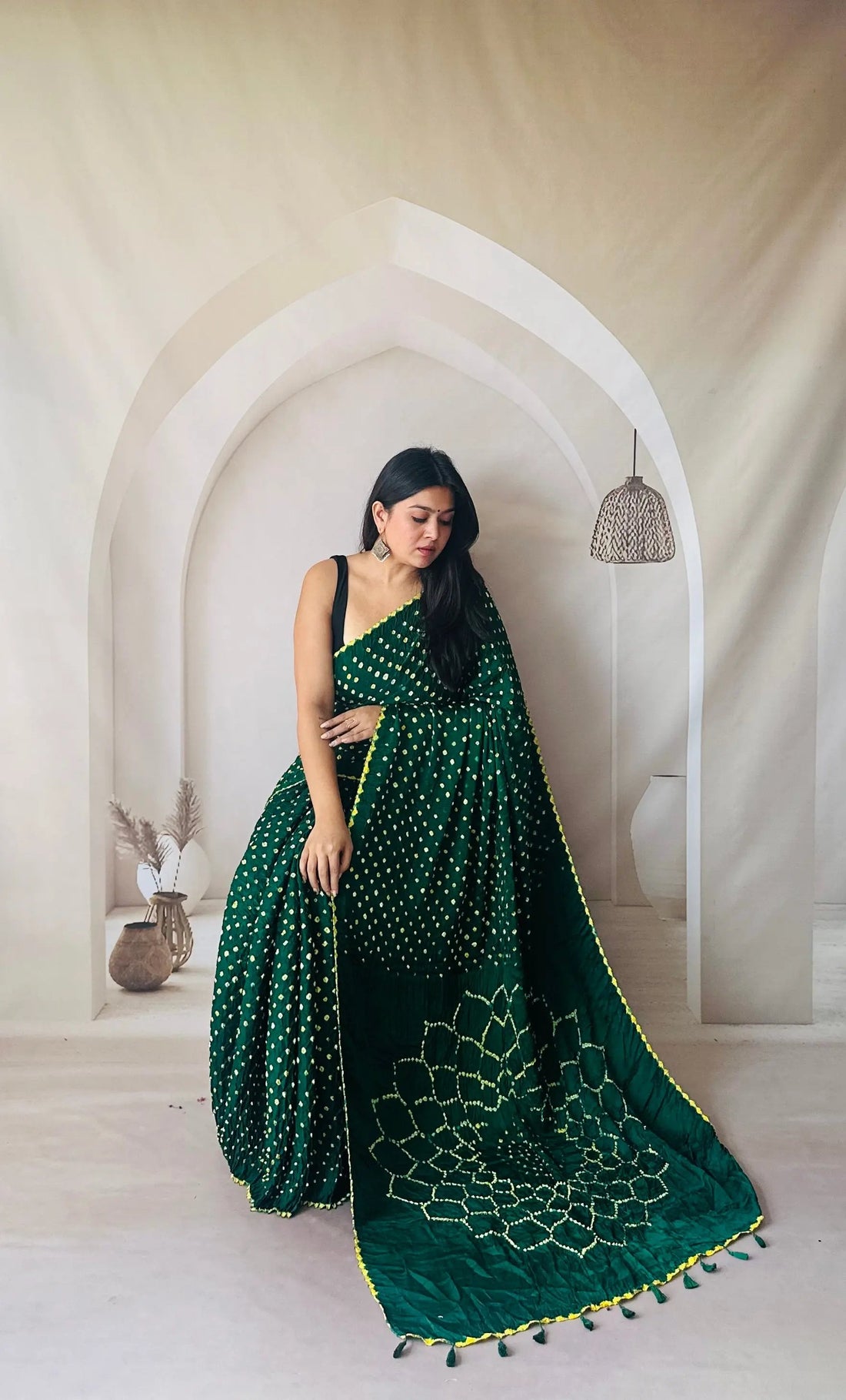 Bottle Green Bandhej Spider Modal Silk Saree RAKHIYO