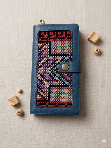 Indigo Embroidered Button Wallet