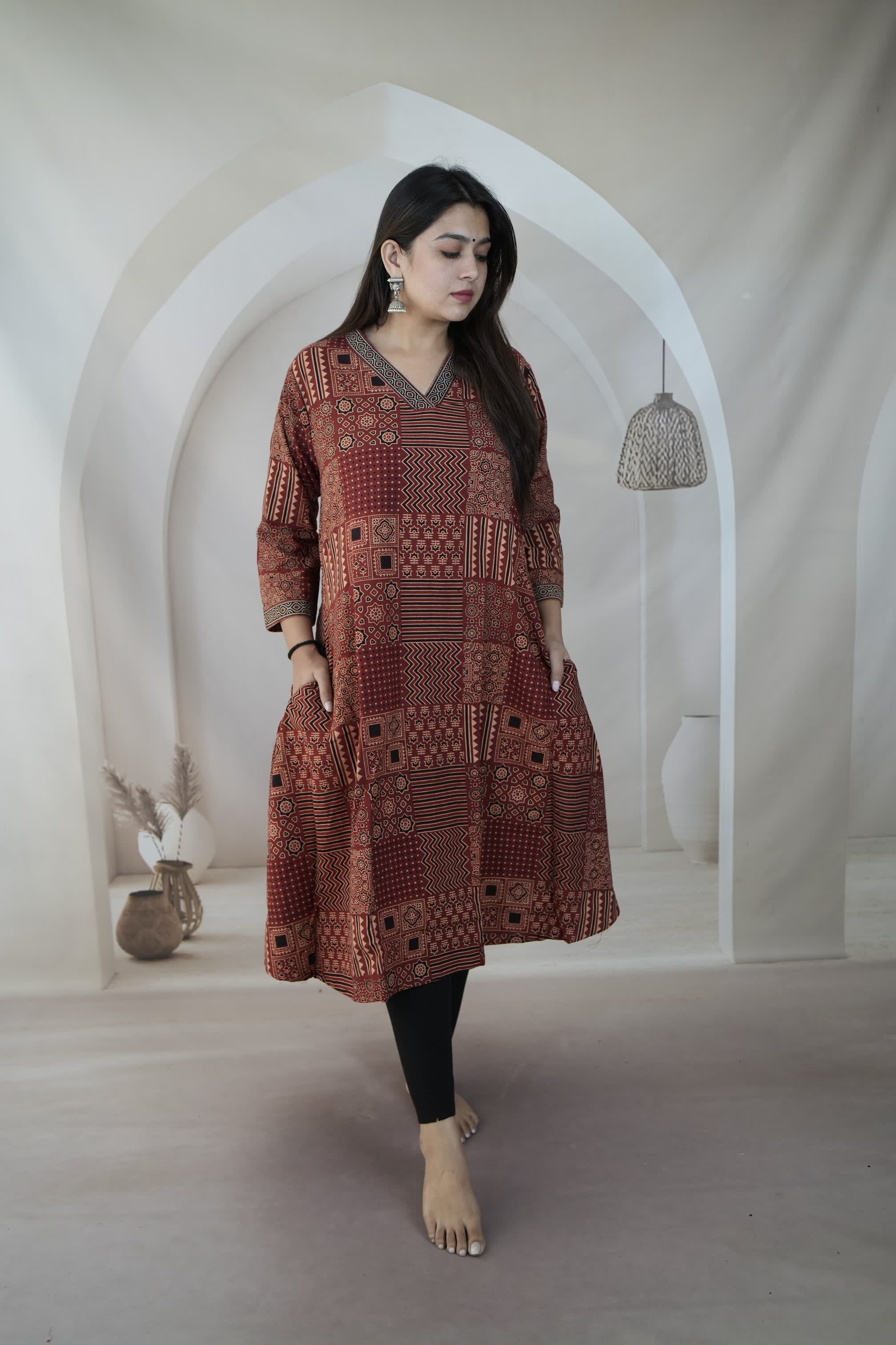 Jiya Maroon Ajarakh A Line Cotton Kurti