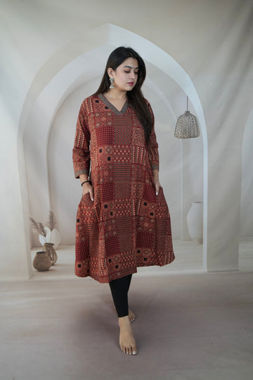 Jiya Maroon Ajarakh A Line Cotton Kurti