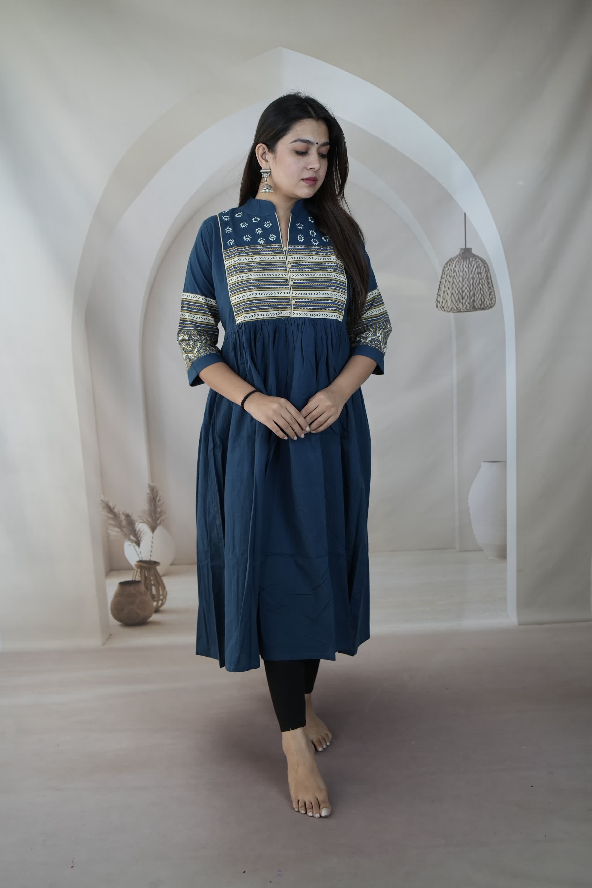 Anika Blue Ajarakh & Mirror Cotton One Piece Kurti