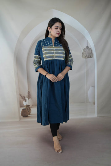 Anika Blue Ajarakh & Mirror Cotton One Piece Kurti