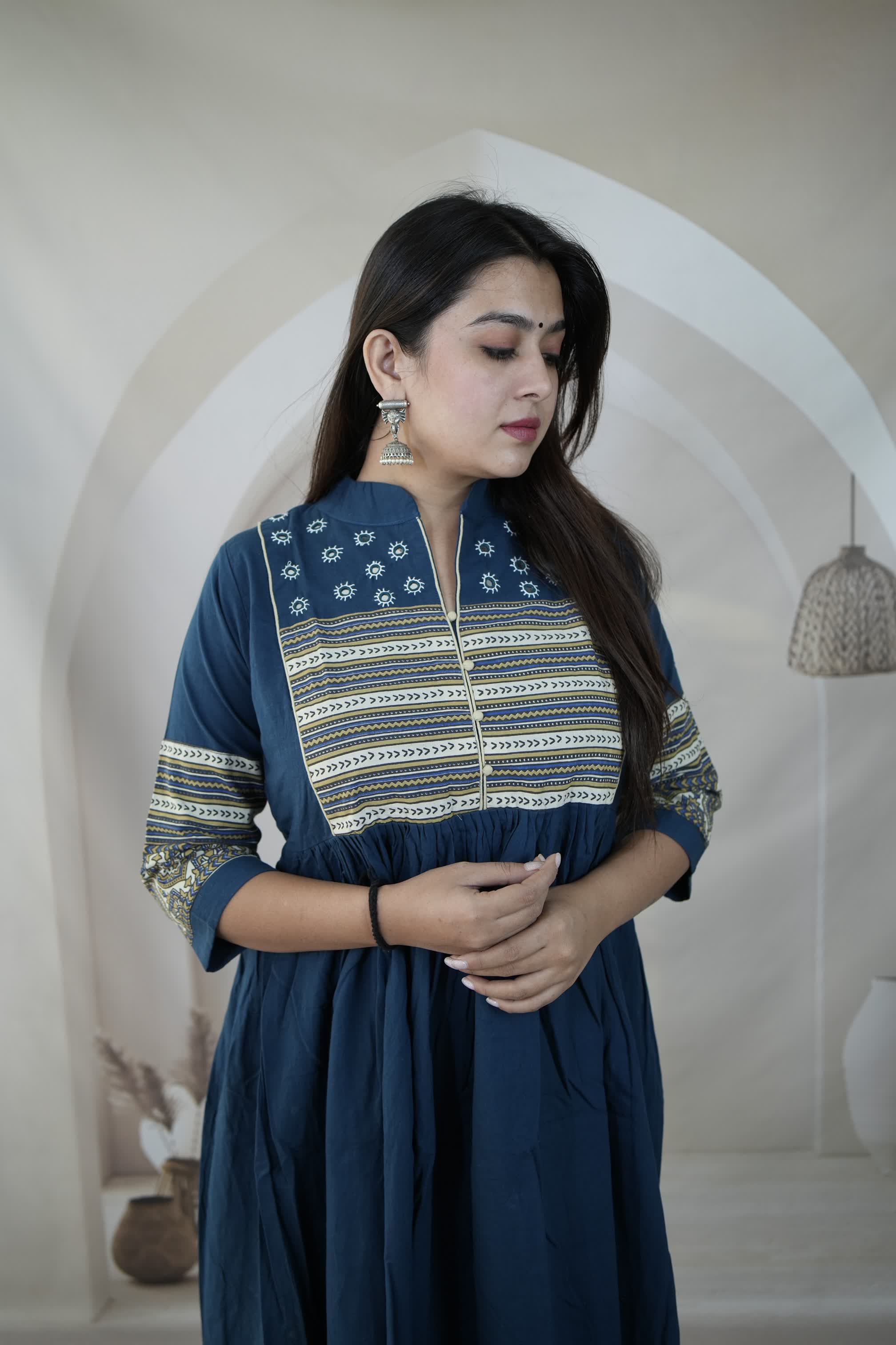 Anika Blue Ajarakh & Mirror Cotton One Piece Kurti