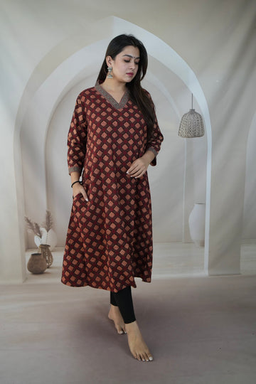 Tripti Maroon Ajarakh A Line Cotton Kurti
