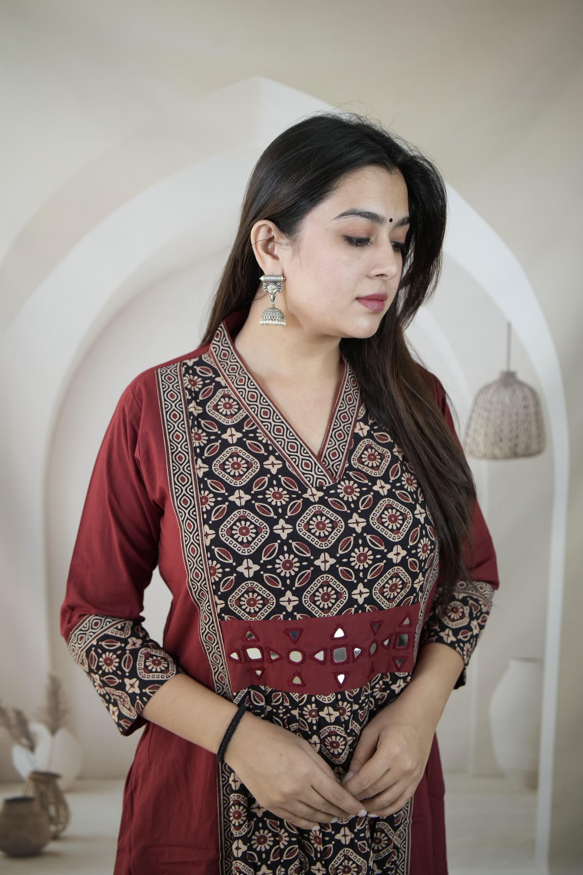Arshu Maroon Ajarakh Flap Mirror Cotton Kurti