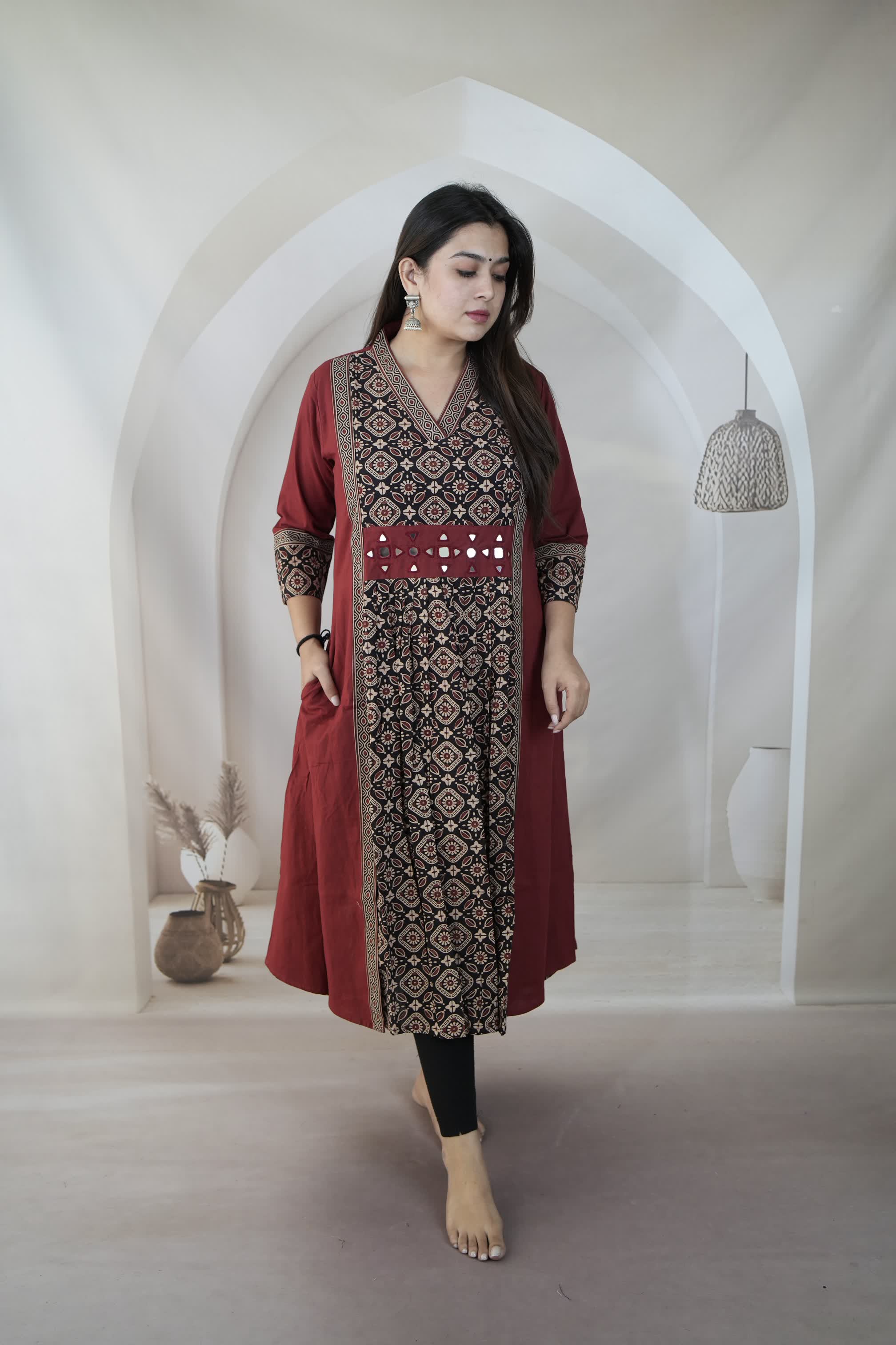 Arshu Maroon Ajarakh Flap Mirror Cotton Kurti