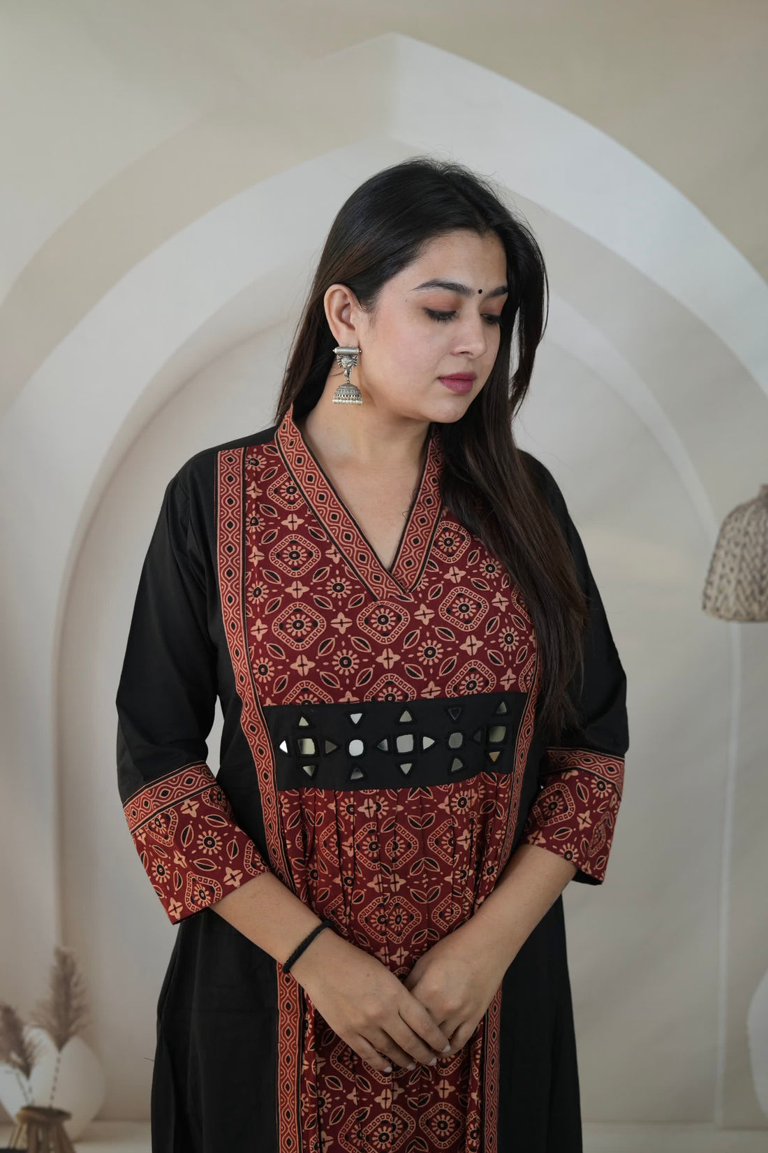 Arshu Black Ajarakh Flap Mirror Cotton Kurti