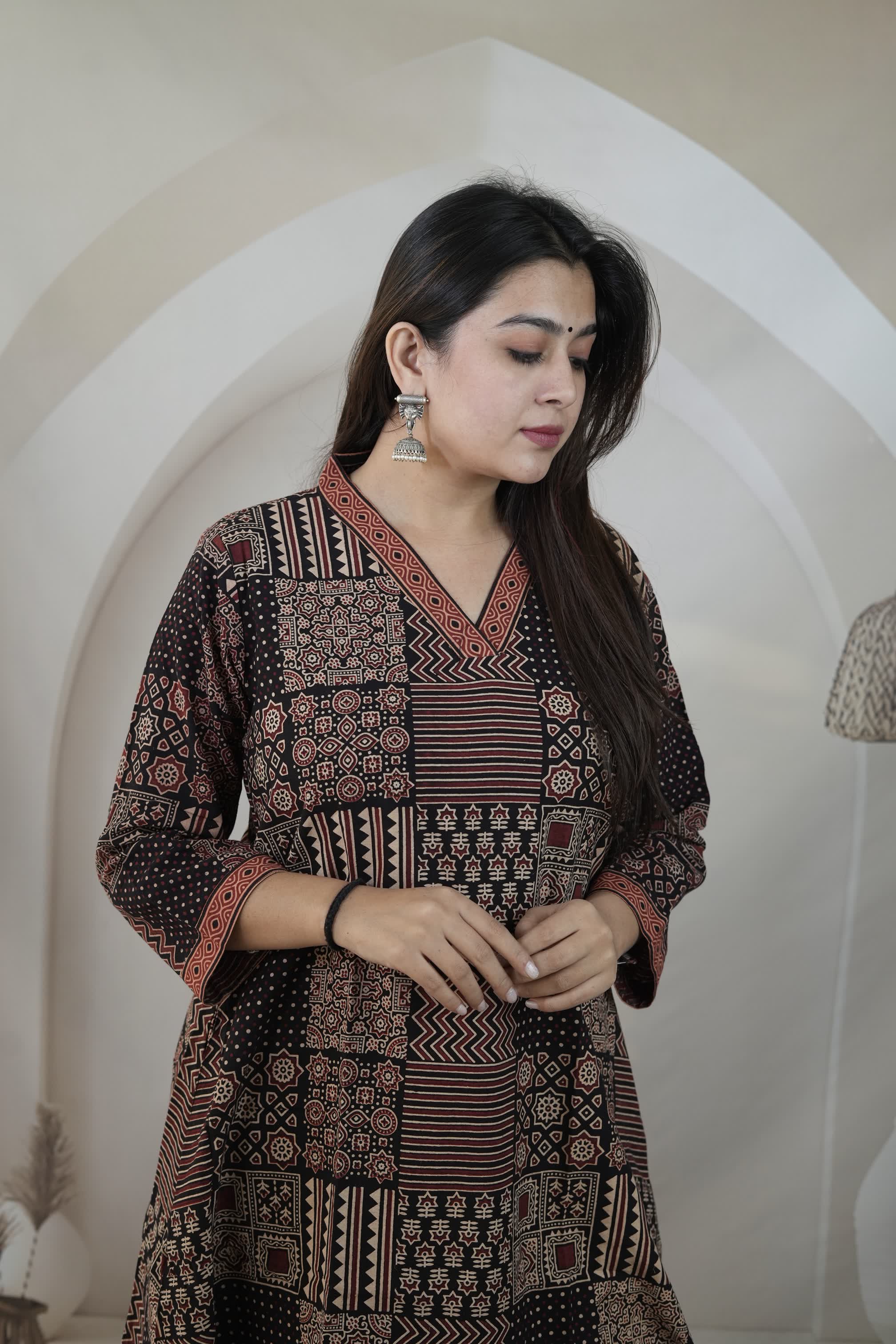 Jiya Black Ajarakh A Line Cotton Kurti