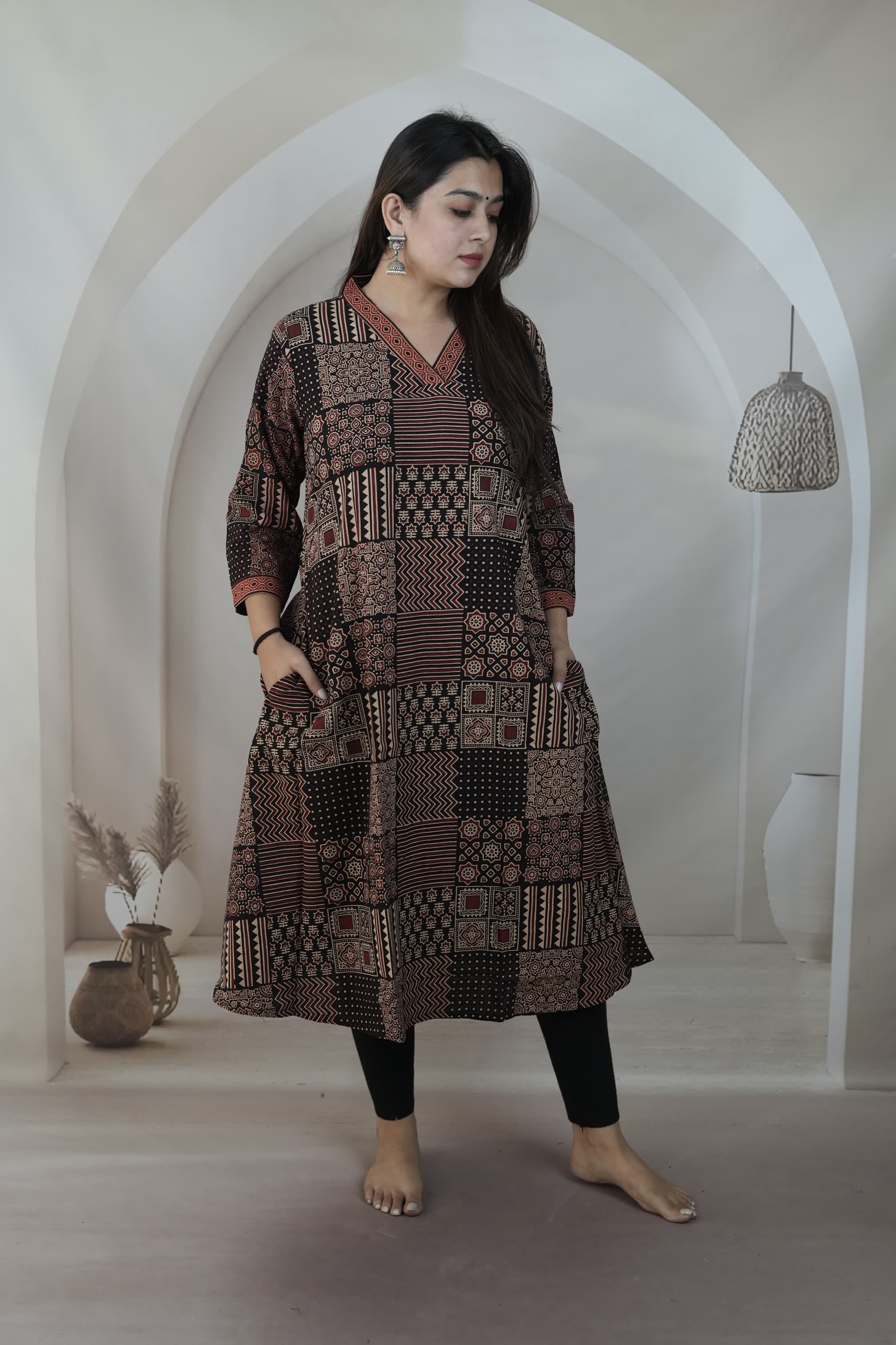 Jiya Black Ajarakh A Line Cotton Kurti