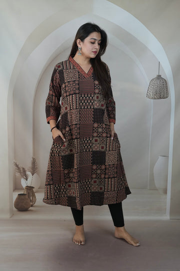 Jiya Black Ajarakh A Line Cotton Kurti