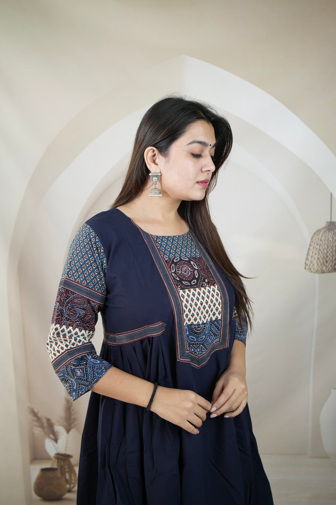 Navy Blue Kriya Ajarakh Patchwork Sleeve & Neck Side Split Kurti