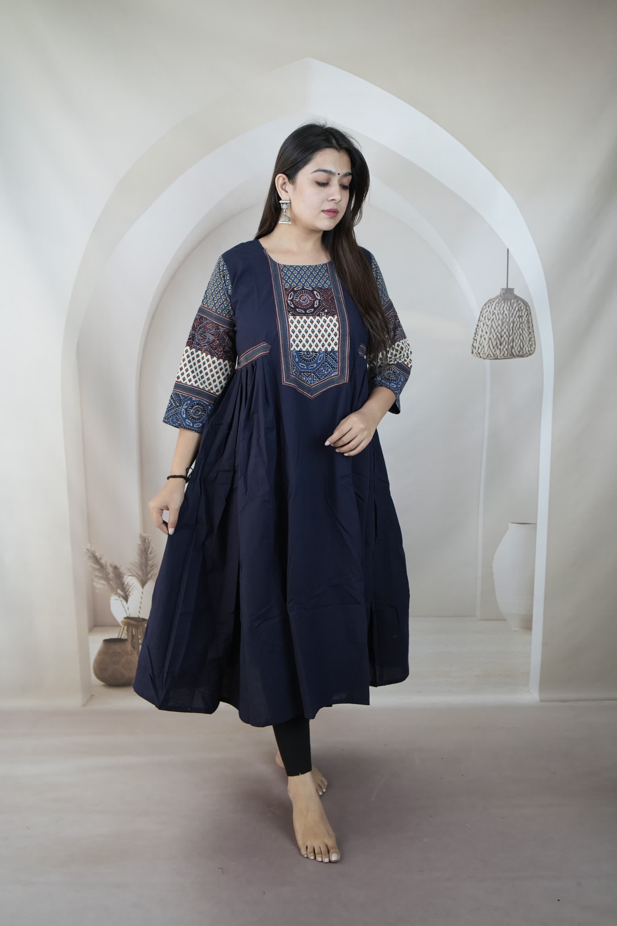 Navy Blue Kriya Ajarakh Patchwork Sleeve & Neck Side Split Kurti