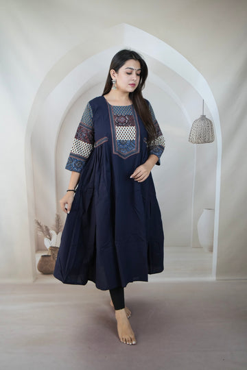 Navy Blue Kriya Ajarakh Patchwork Sleeve & Neck Side Split Kurti