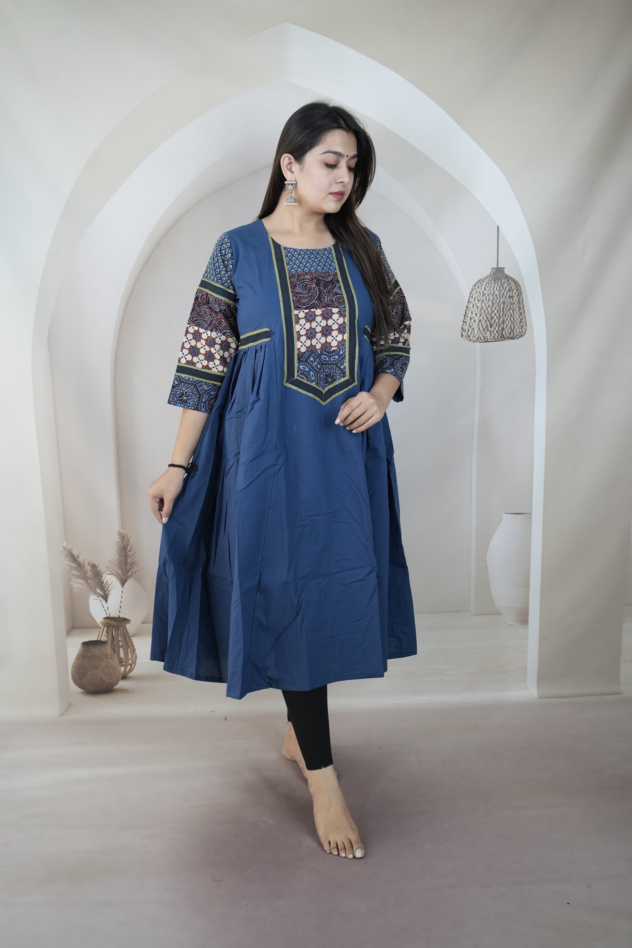 Indigo Kriya Ajarakh Patchwork Sleeve & Neck Side Split Kurti