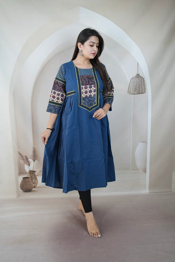 Indigo Kriya Ajarakh Patchwork Sleeve & Neck Side Split Kurti