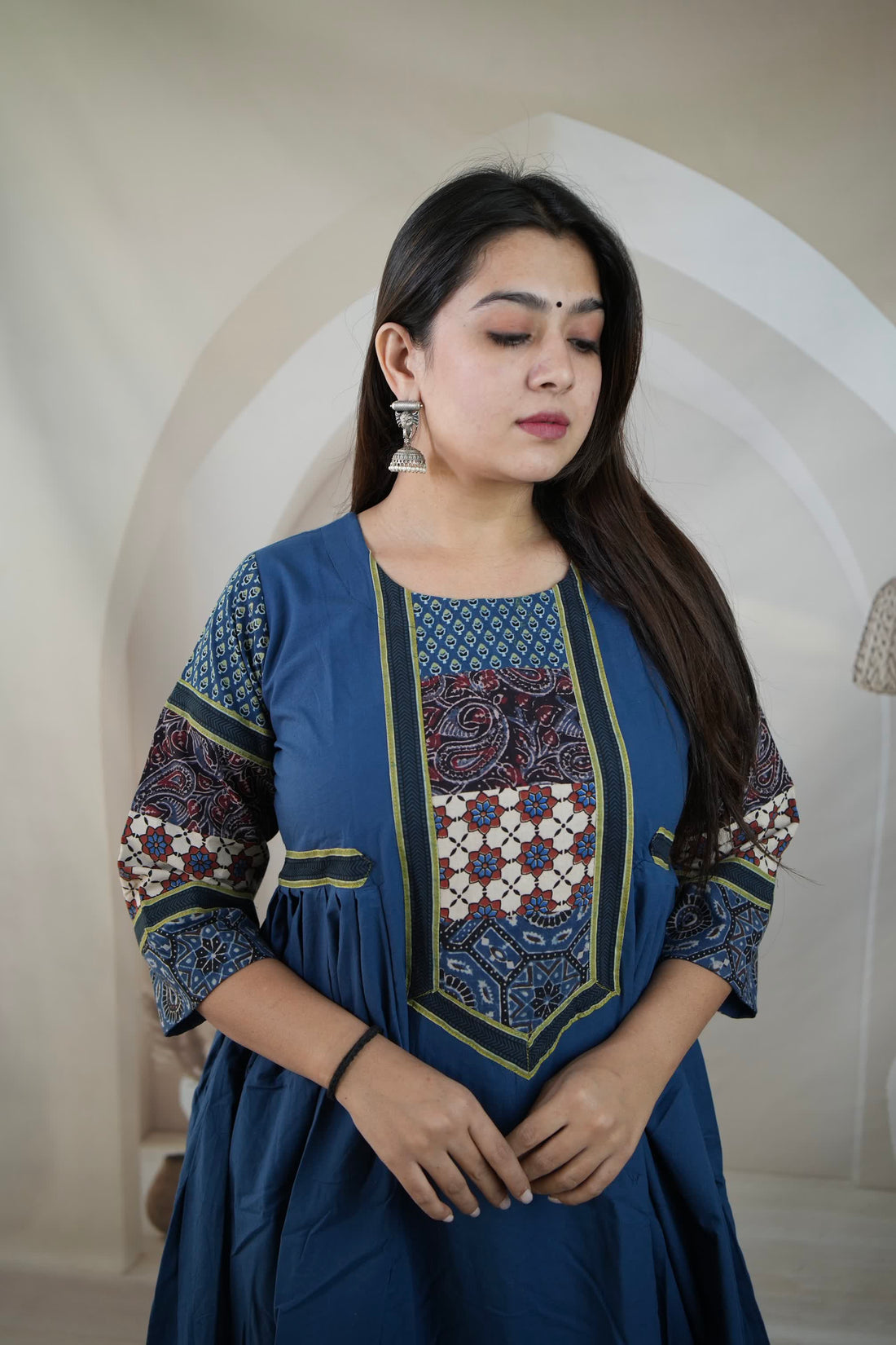 Indigo Kriya Ajarakh Patchwork Sleeve & Neck Side Split Kurti