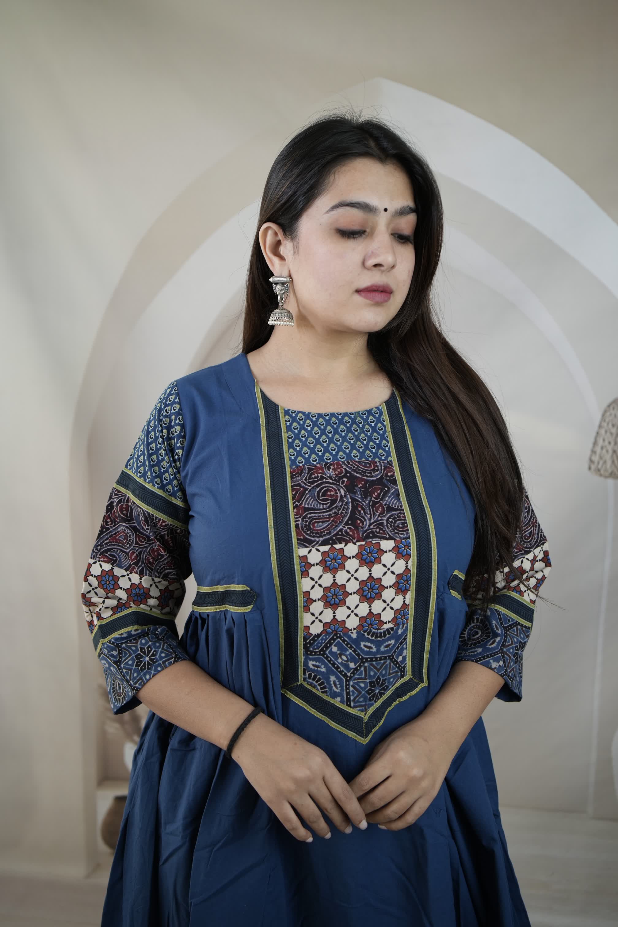 Indigo Kriya Ajarakh Patchwork Sleeve & Neck Side Split Kurti