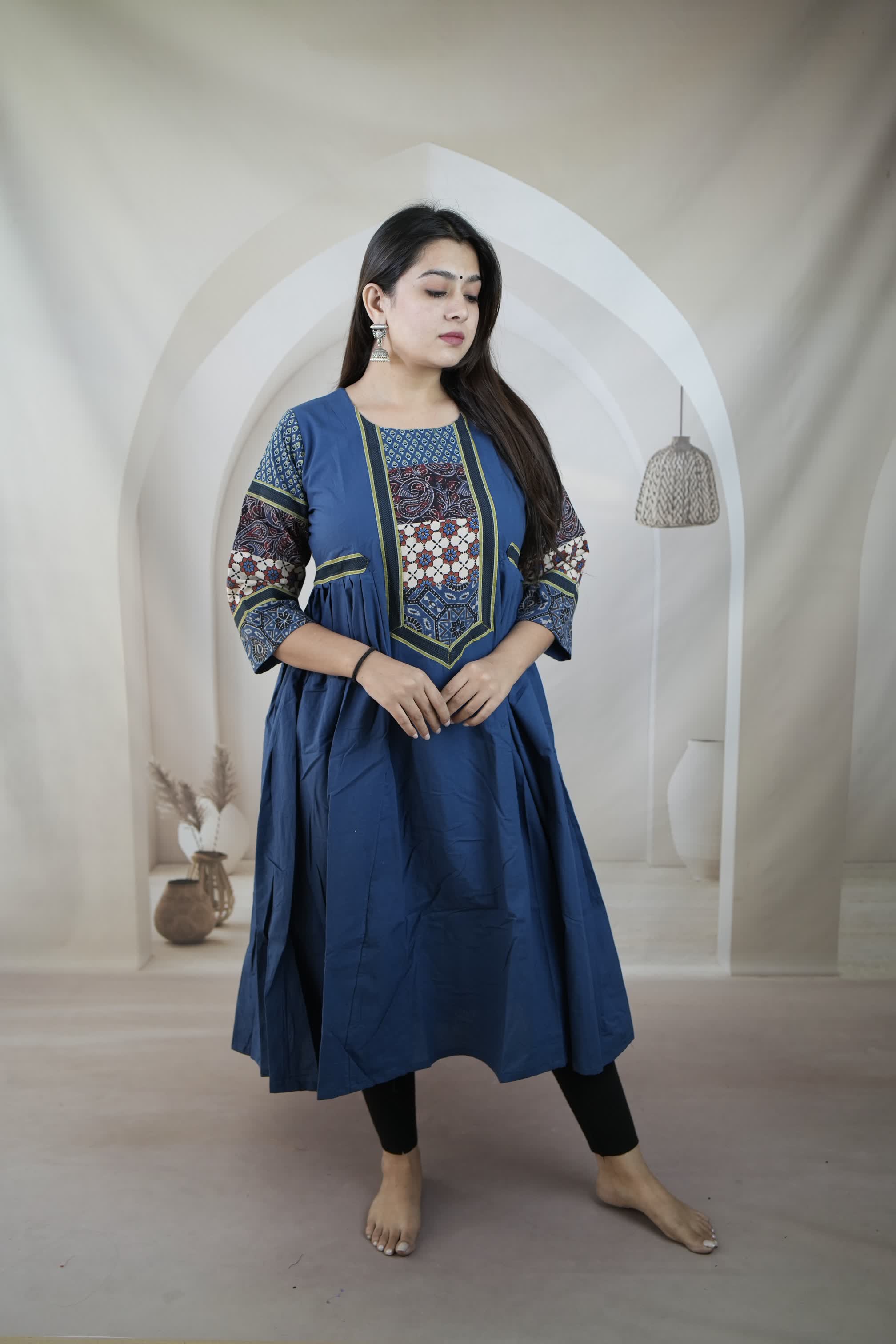 Indigo Kriya Ajarakh Patchwork Sleeve & Neck Side Split Kurti