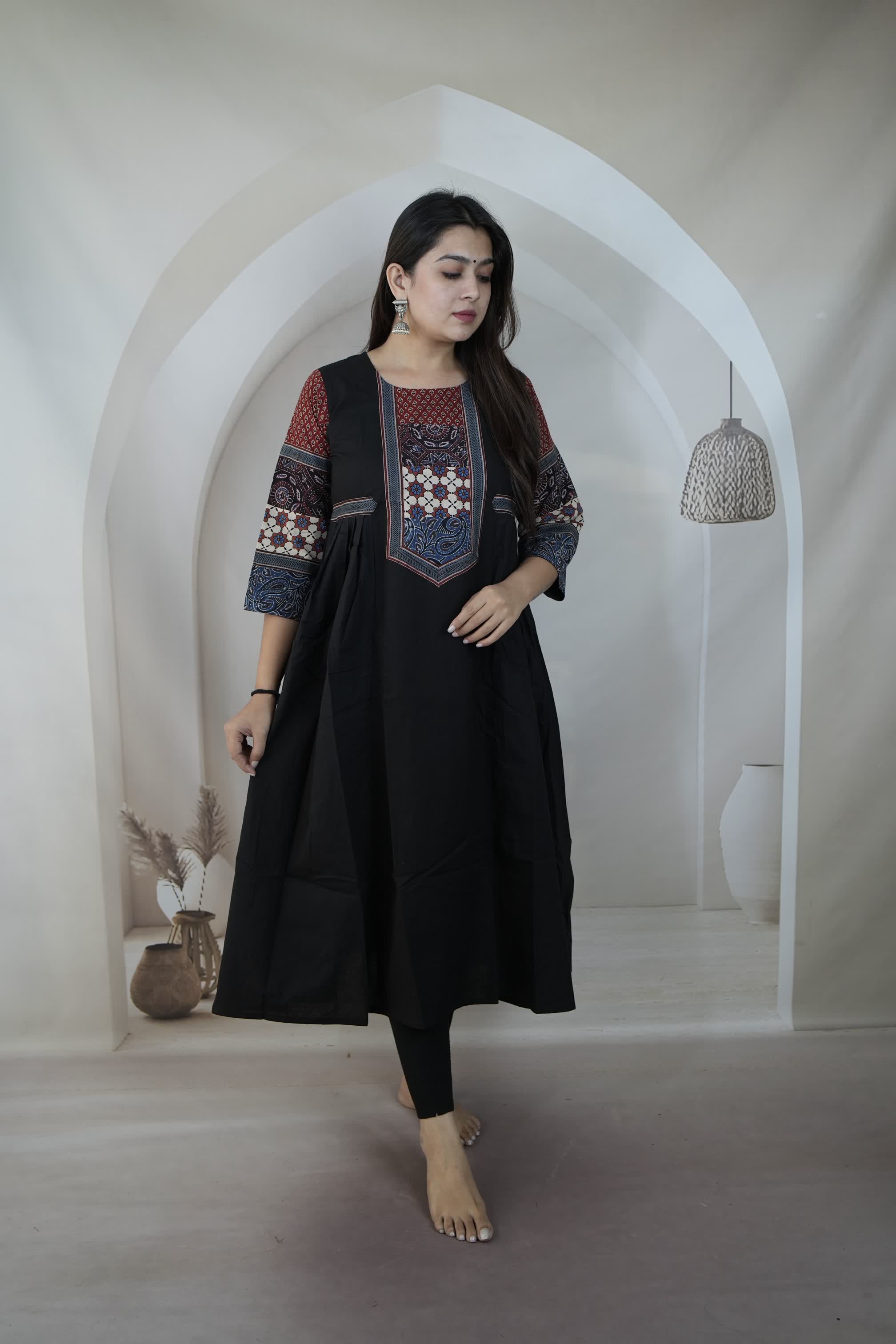 Kriya Black Ajarakh Patchwork Sleeve & Neck Side Split Kurti