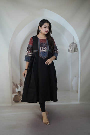 Kriya Black Ajarakh Patchwork Sleeve & Neck Side Split Kurti