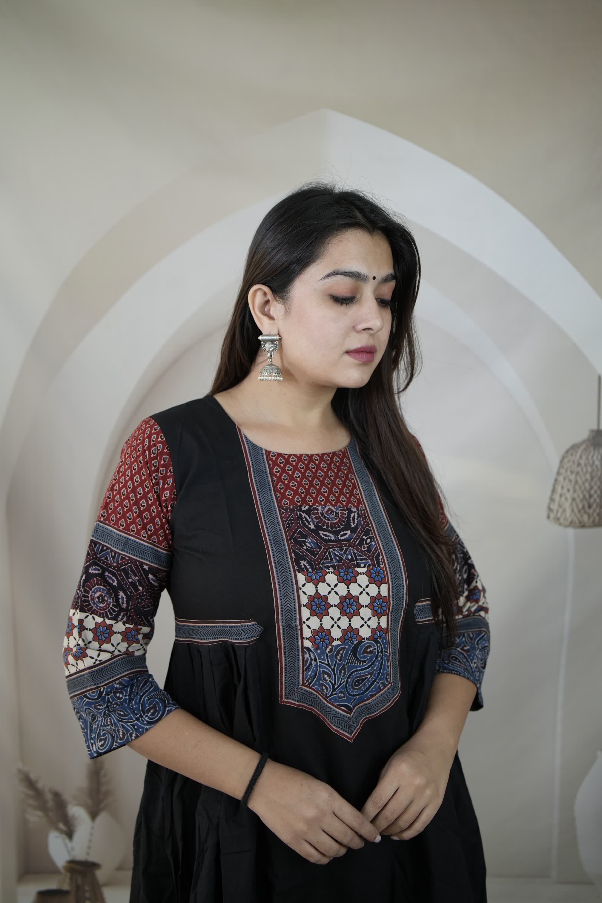 Kriya Black Ajarakh Patchwork Sleeve & Neck Side Split Kurti