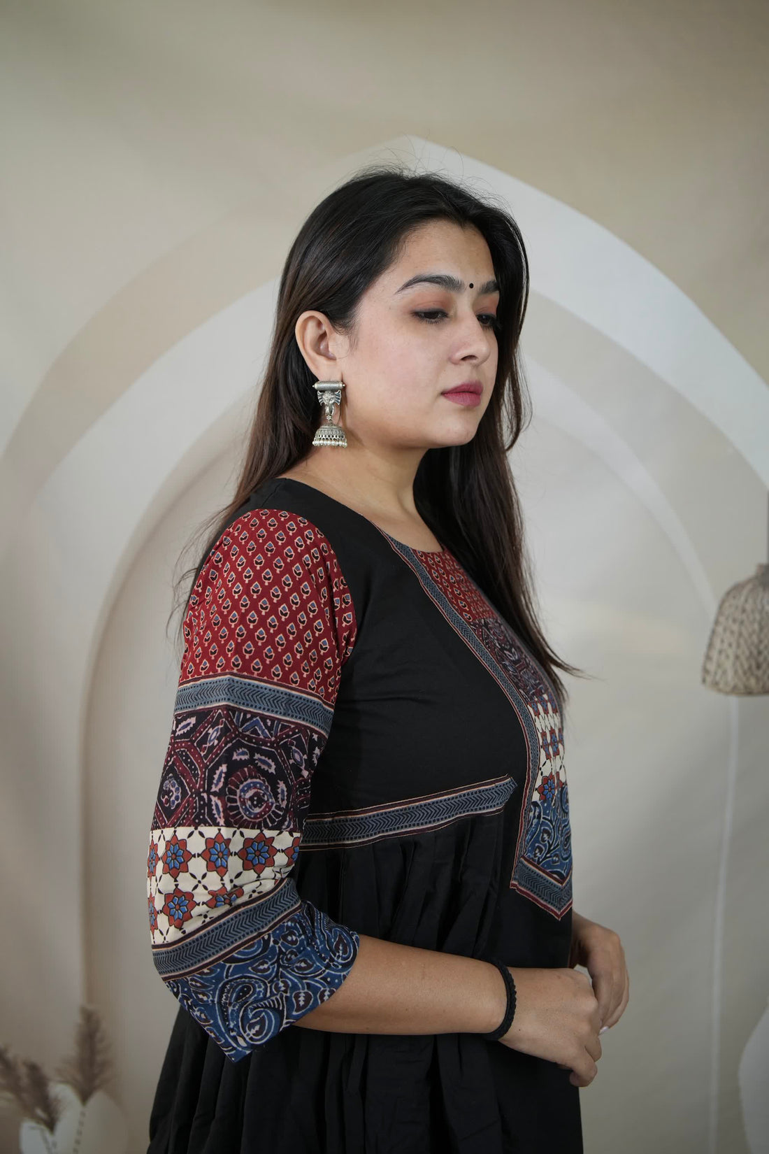 Kriya Black Ajarakh Patchwork Sleeve & Neck Side Split Kurti