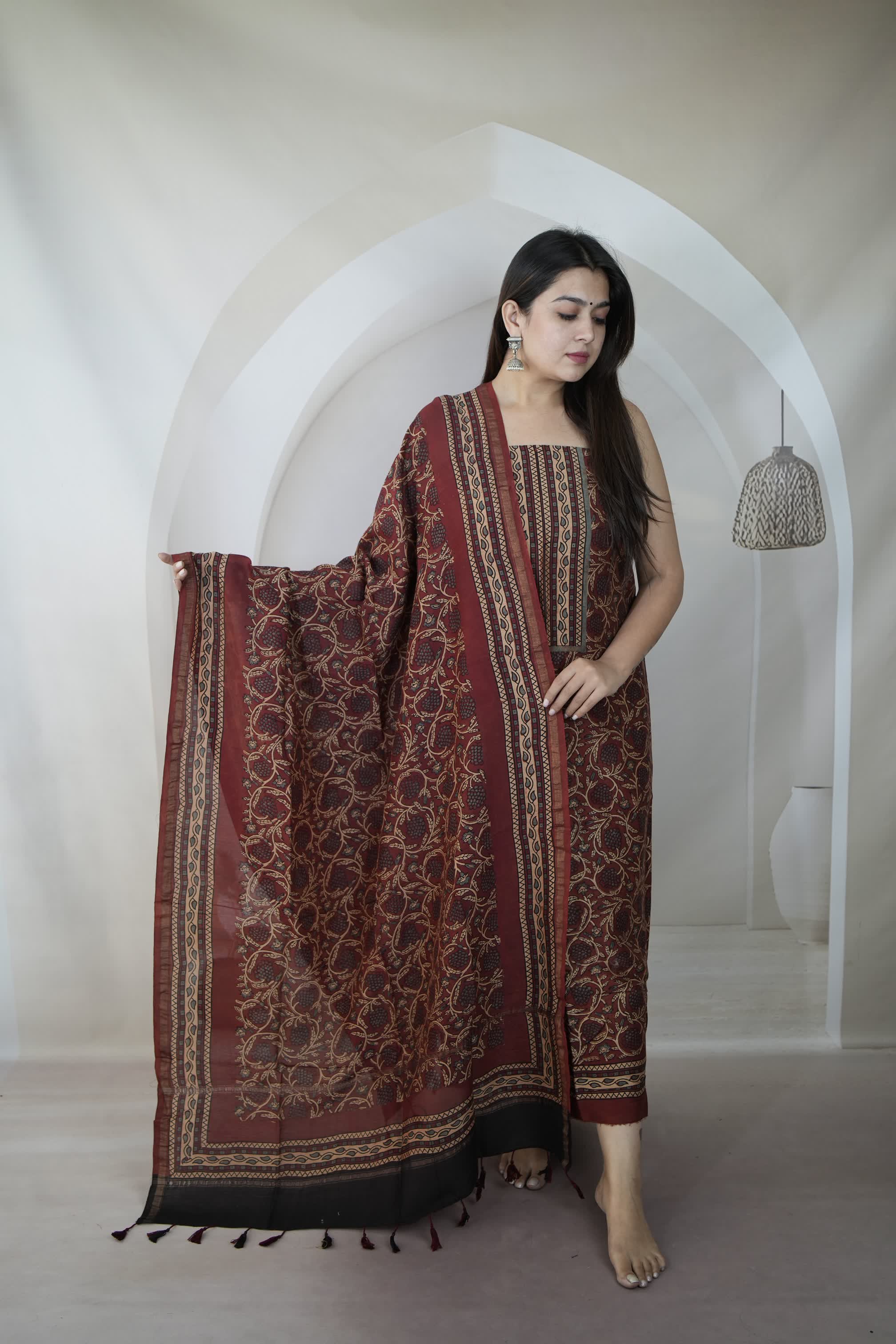 Maroon Ajarakh Chanderi 2 pcs Suit Material