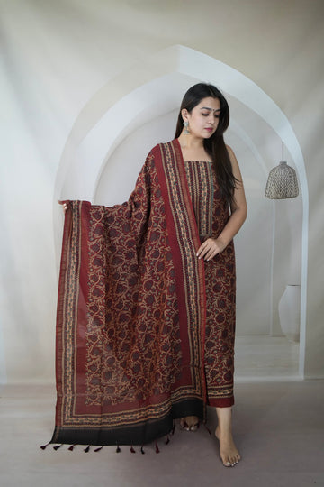 Maroon Ajarakh Chanderi 2 pcs Suit Material