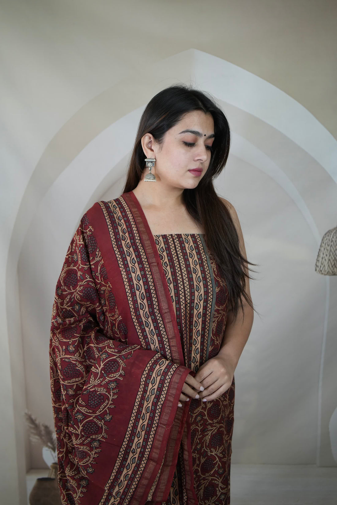 Maroon Ajarakh Chanderi 2 pcs Suit Material