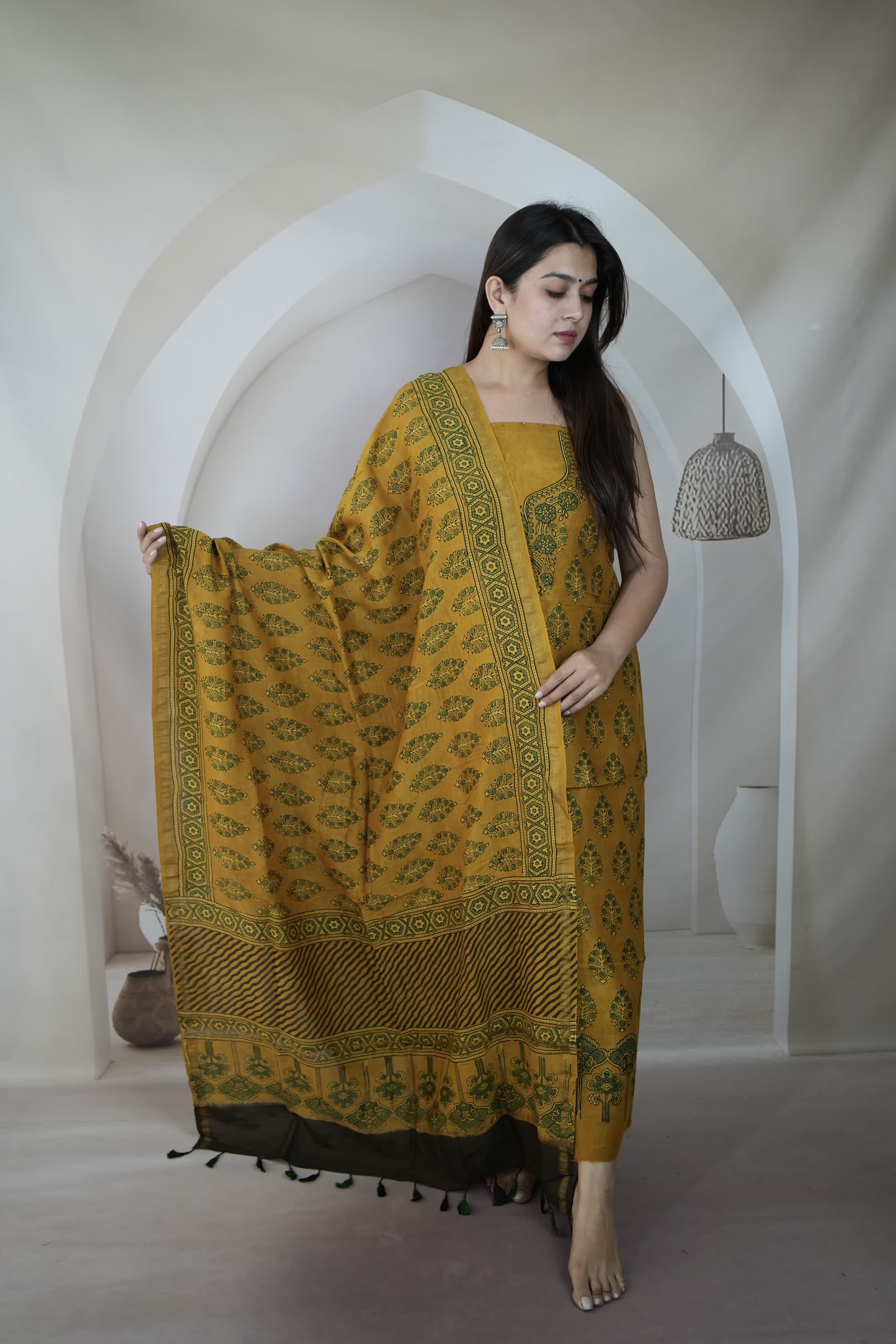 Mustard Ajarakh Chanderi 2 pcs Suit Material