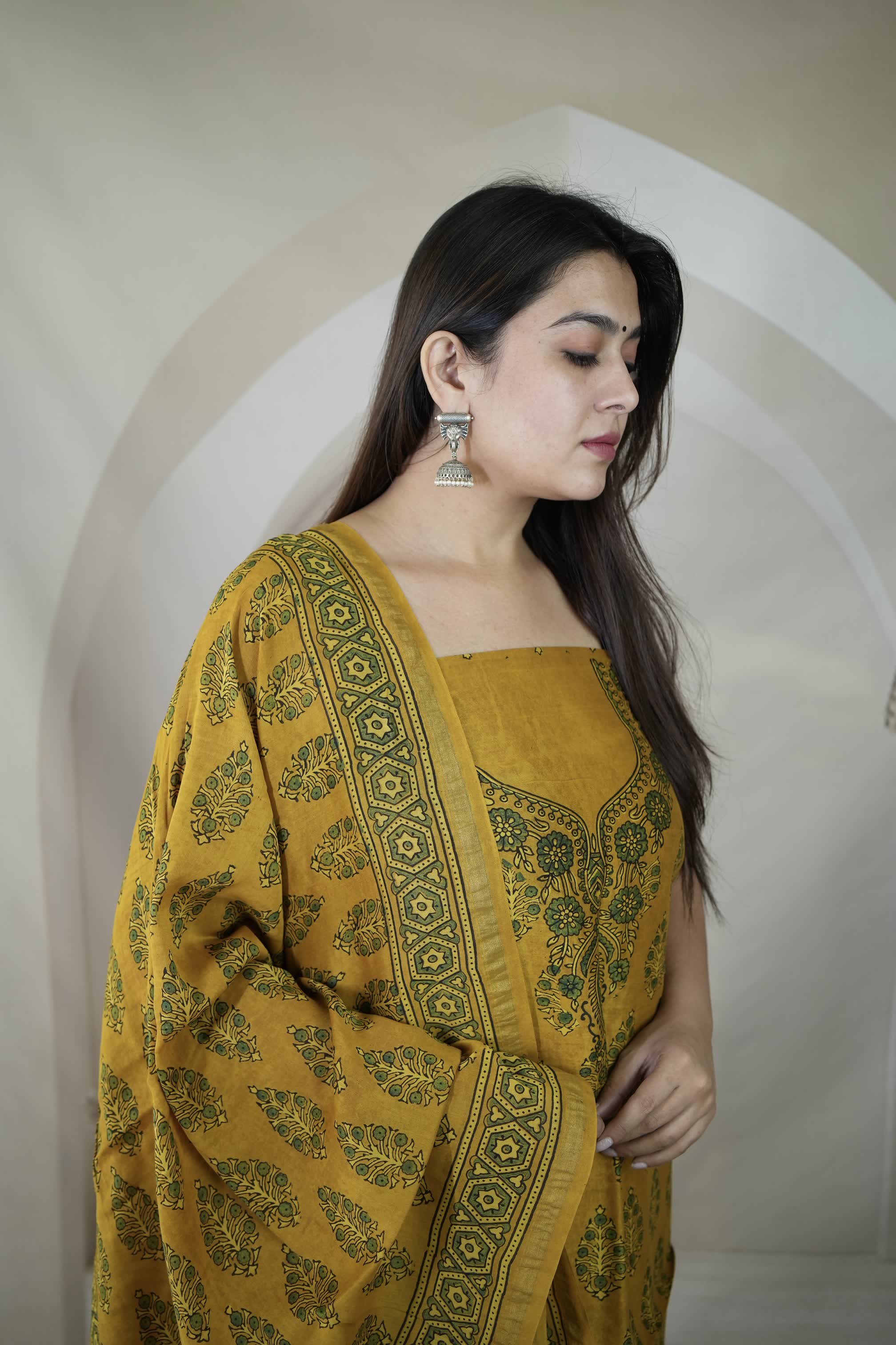 Mustard Ajarakh Chanderi 2 pcs Suit Material