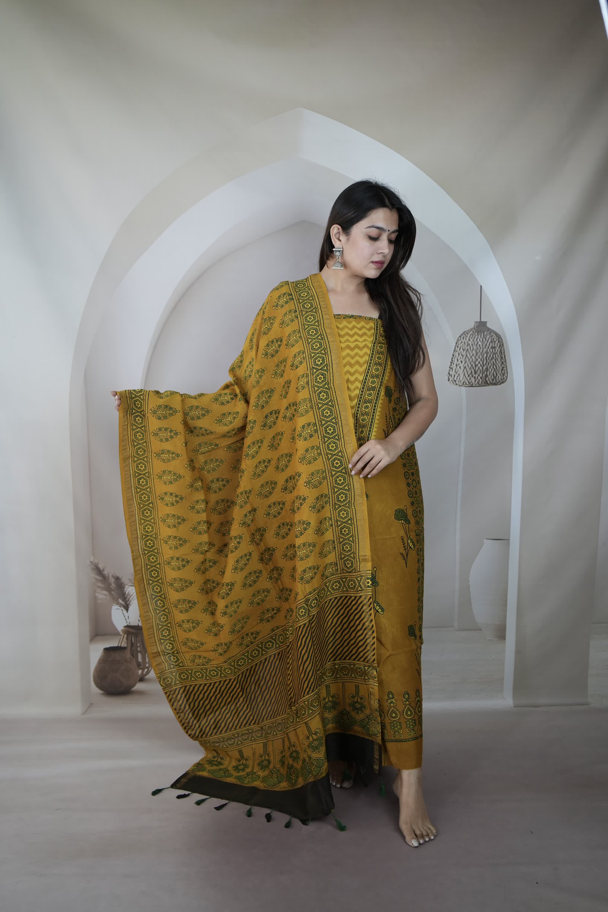 Mustard Ajarakh Chanderi 2 pcs Suit Material