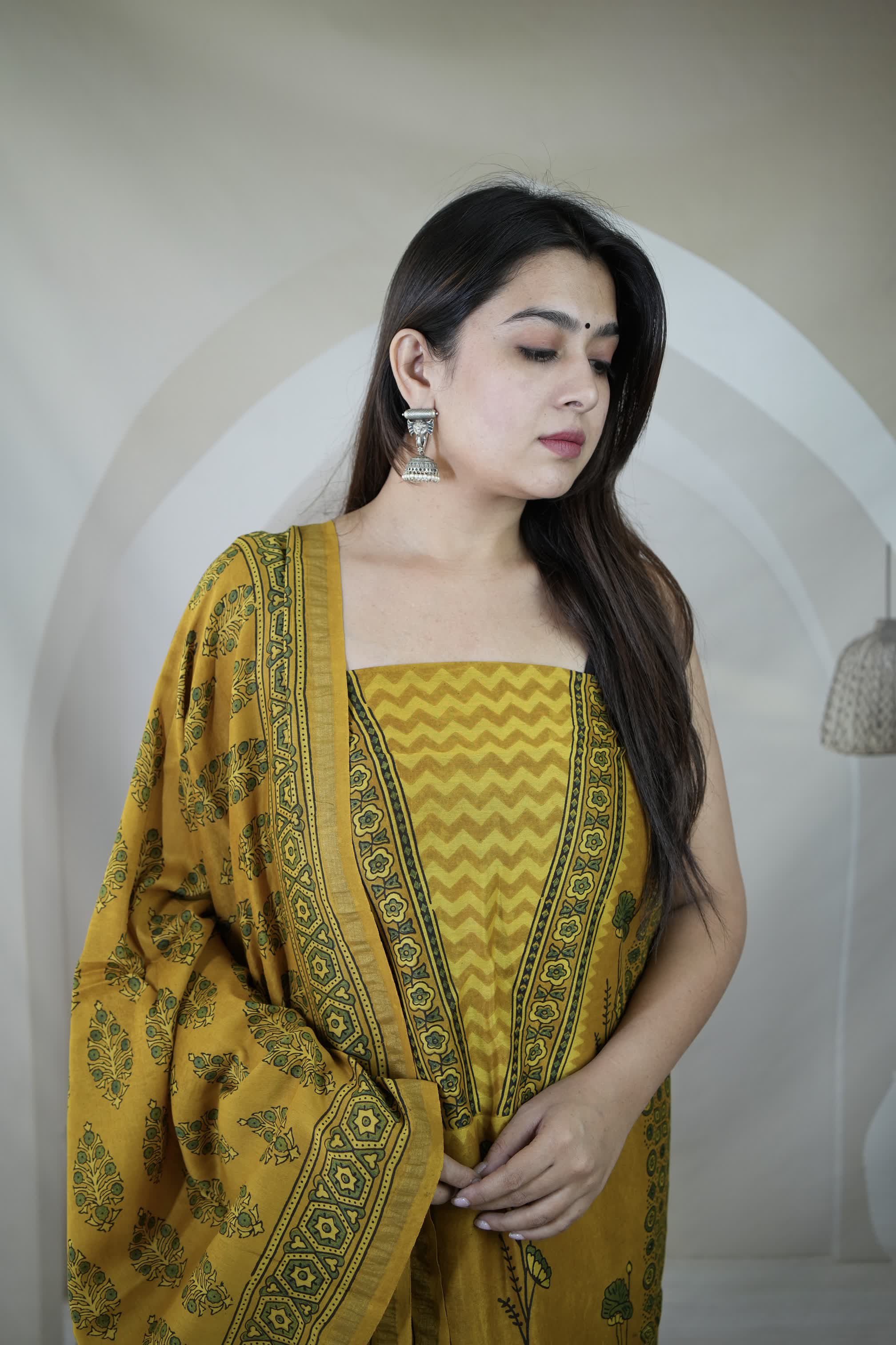Mustard Ajarakh Chanderi 2 pcs Suit Material
