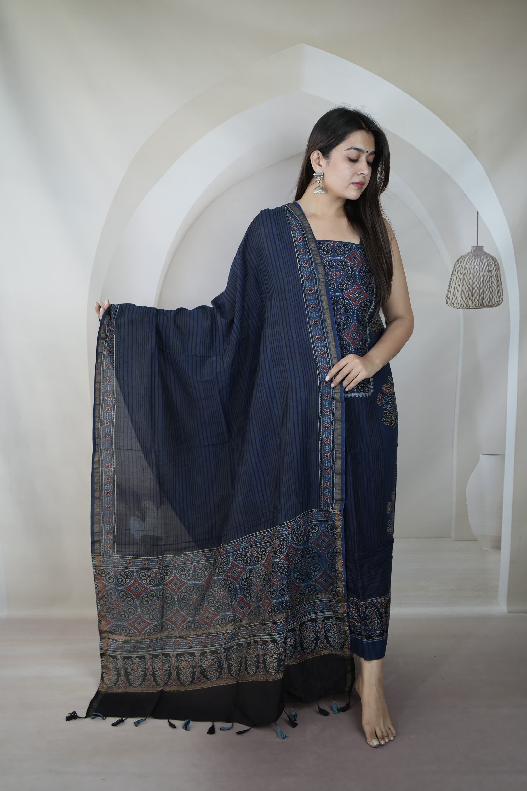 Indigo Ajarakh Chanderi 2 pcs Suit Material