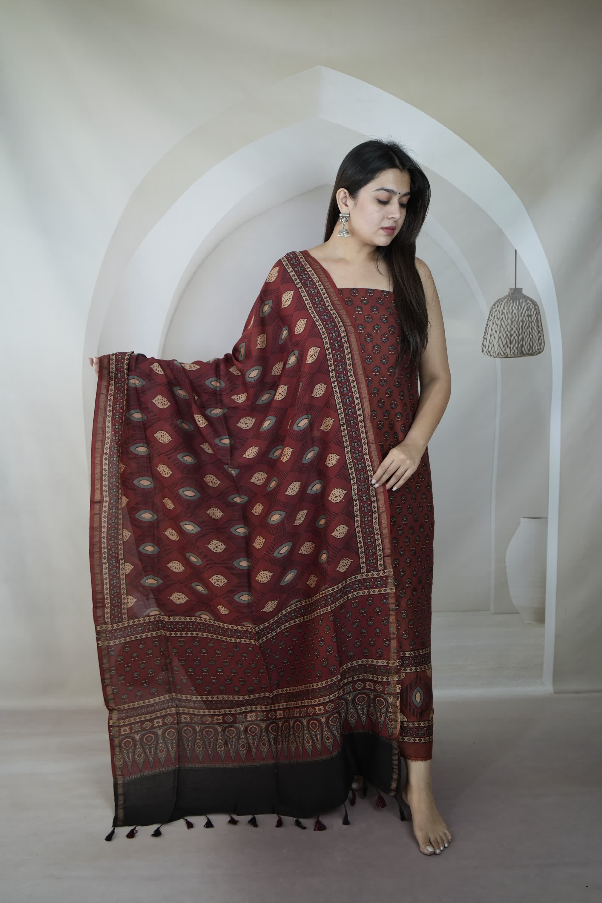 Maroon Ajarakh Chanderi 2 pcs Suit Material