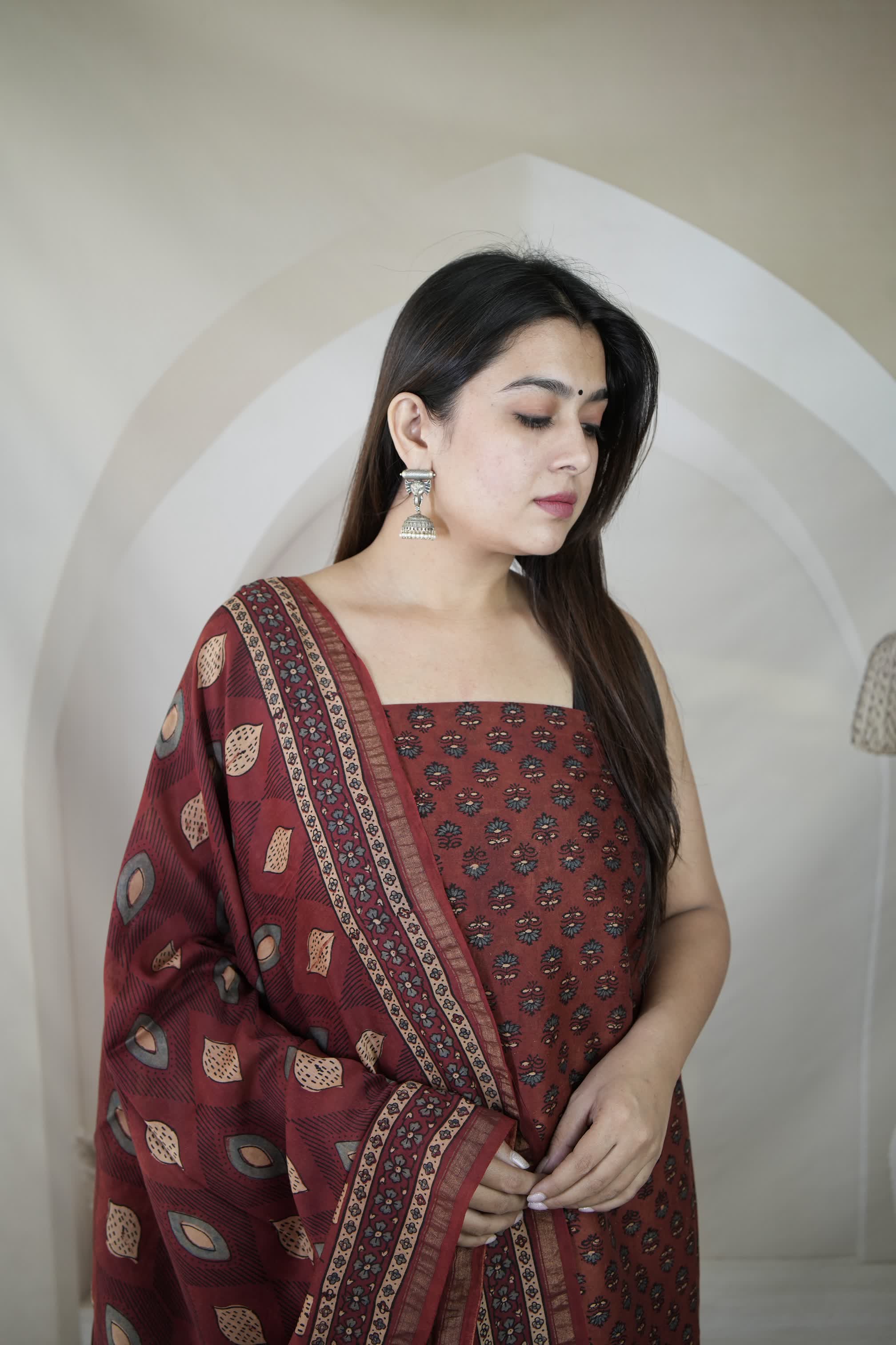 Maroon Ajarakh Chanderi 2 pcs Suit Material