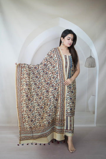 Cream Ajarakh Chanderi 2 pcs Suit Material