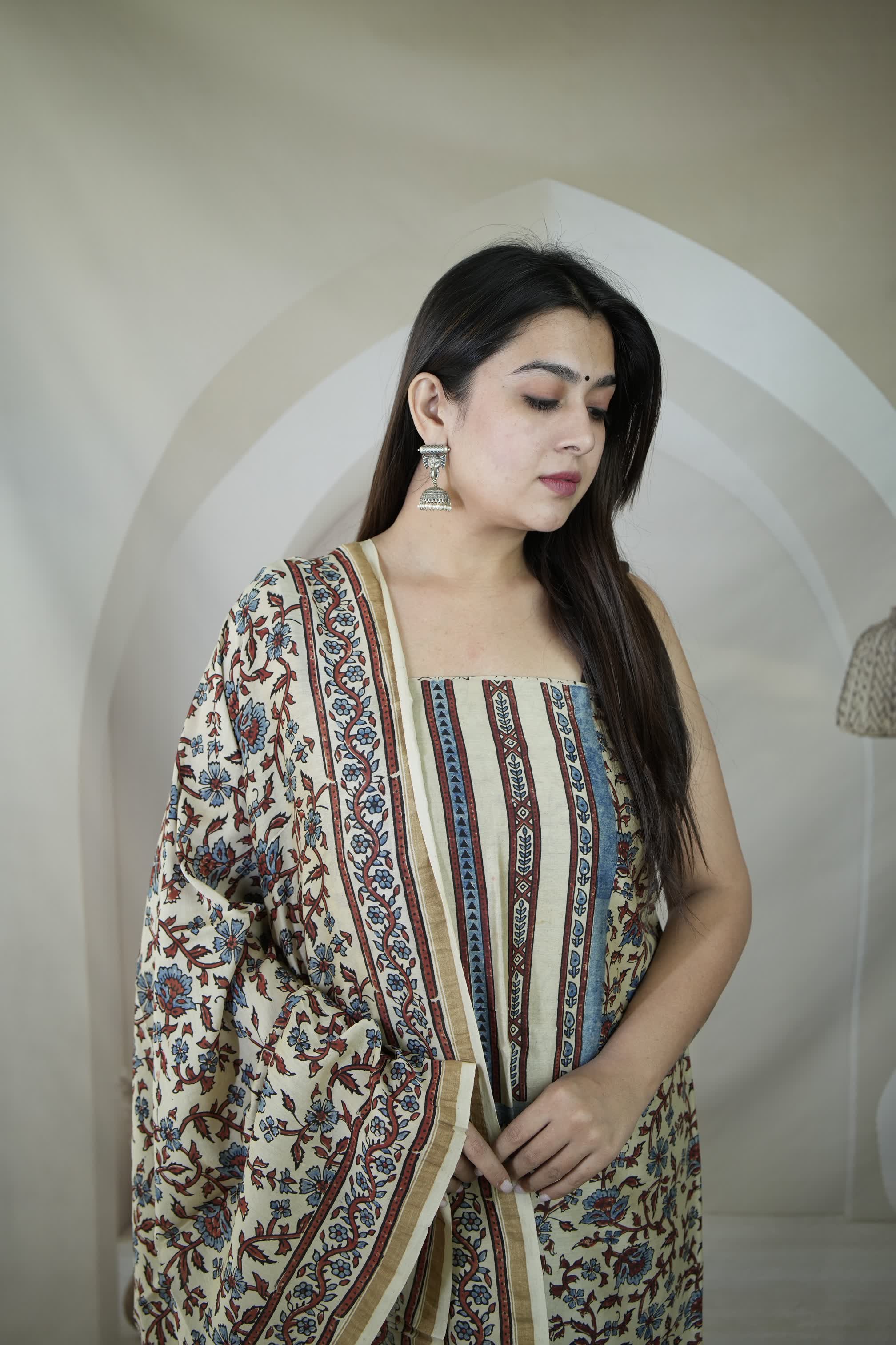 Cream Ajarakh Chanderi 2 pcs Suit Material