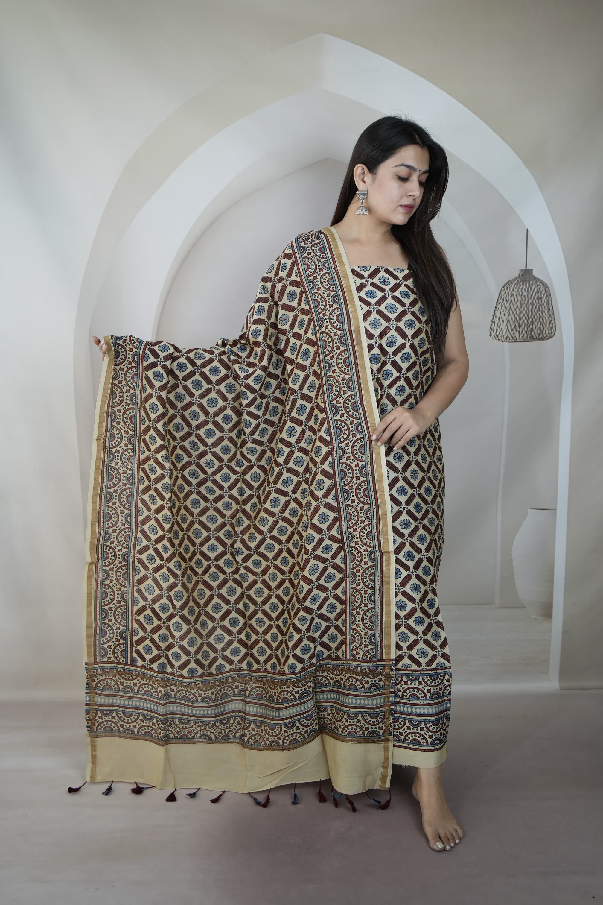 Cream Ajarakh Chanderi 2 pcs Suit Material