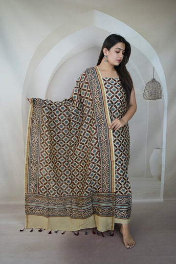 Cream Ajarakh Chanderi 2 pcs Suit Material