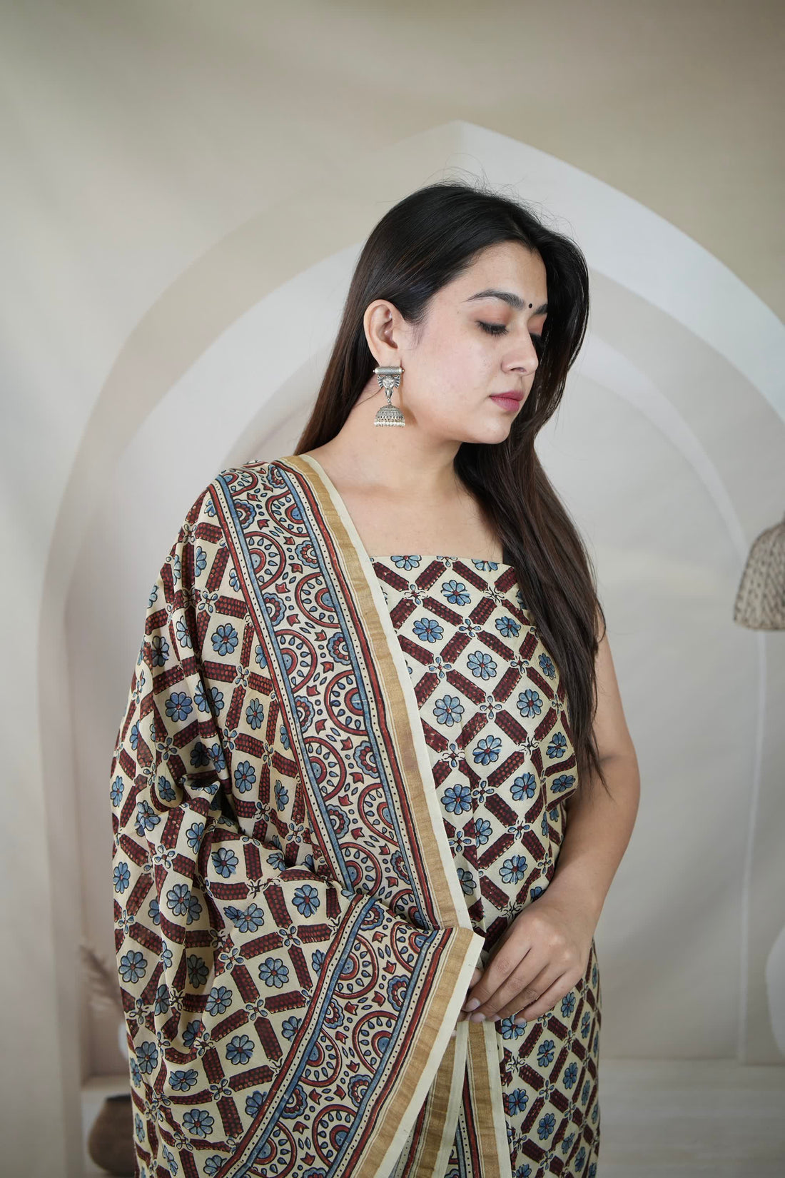 Cream Ajarakh Chanderi 2 pcs Suit Material