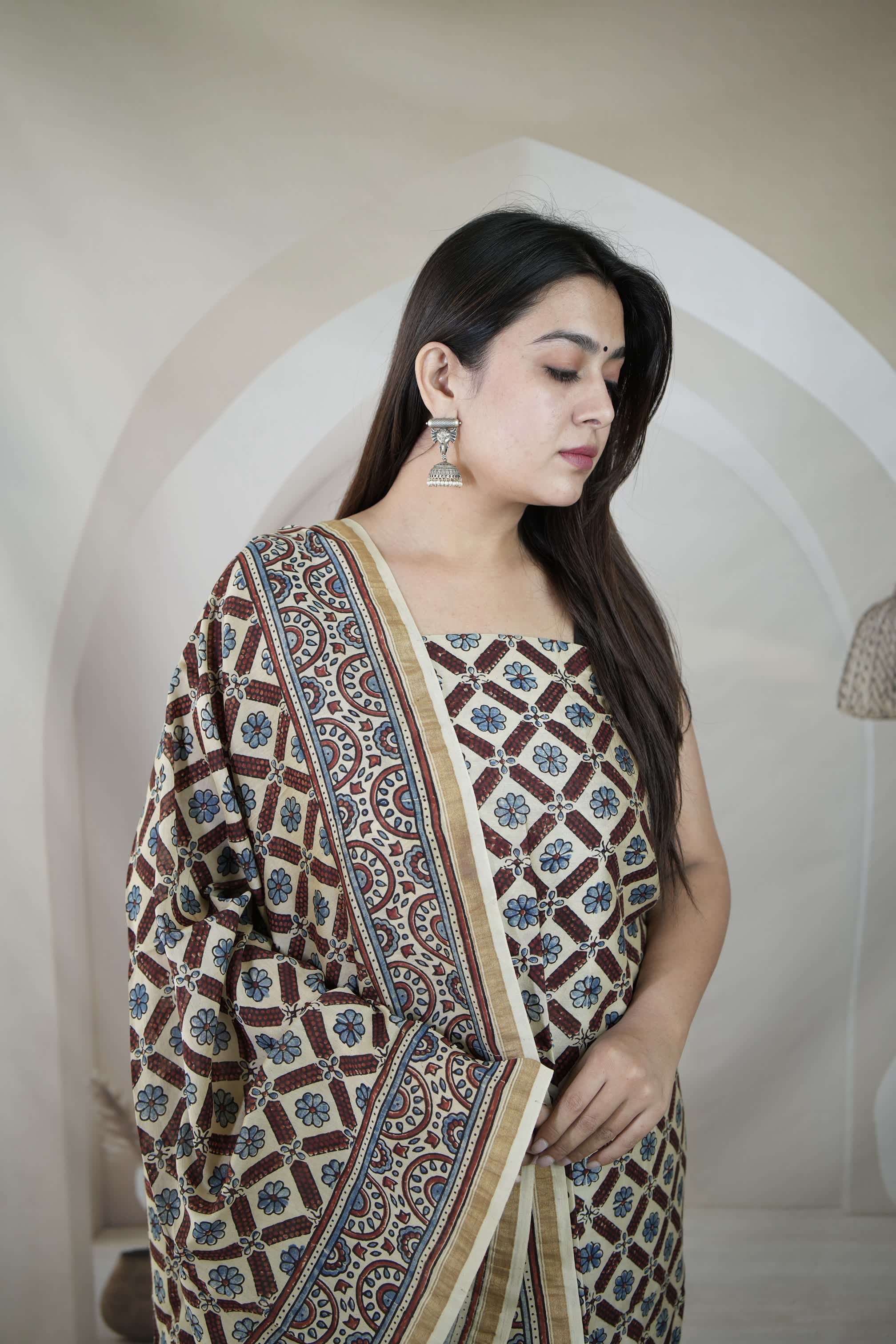 Cream Ajarakh Chanderi 2 pcs Suit Material