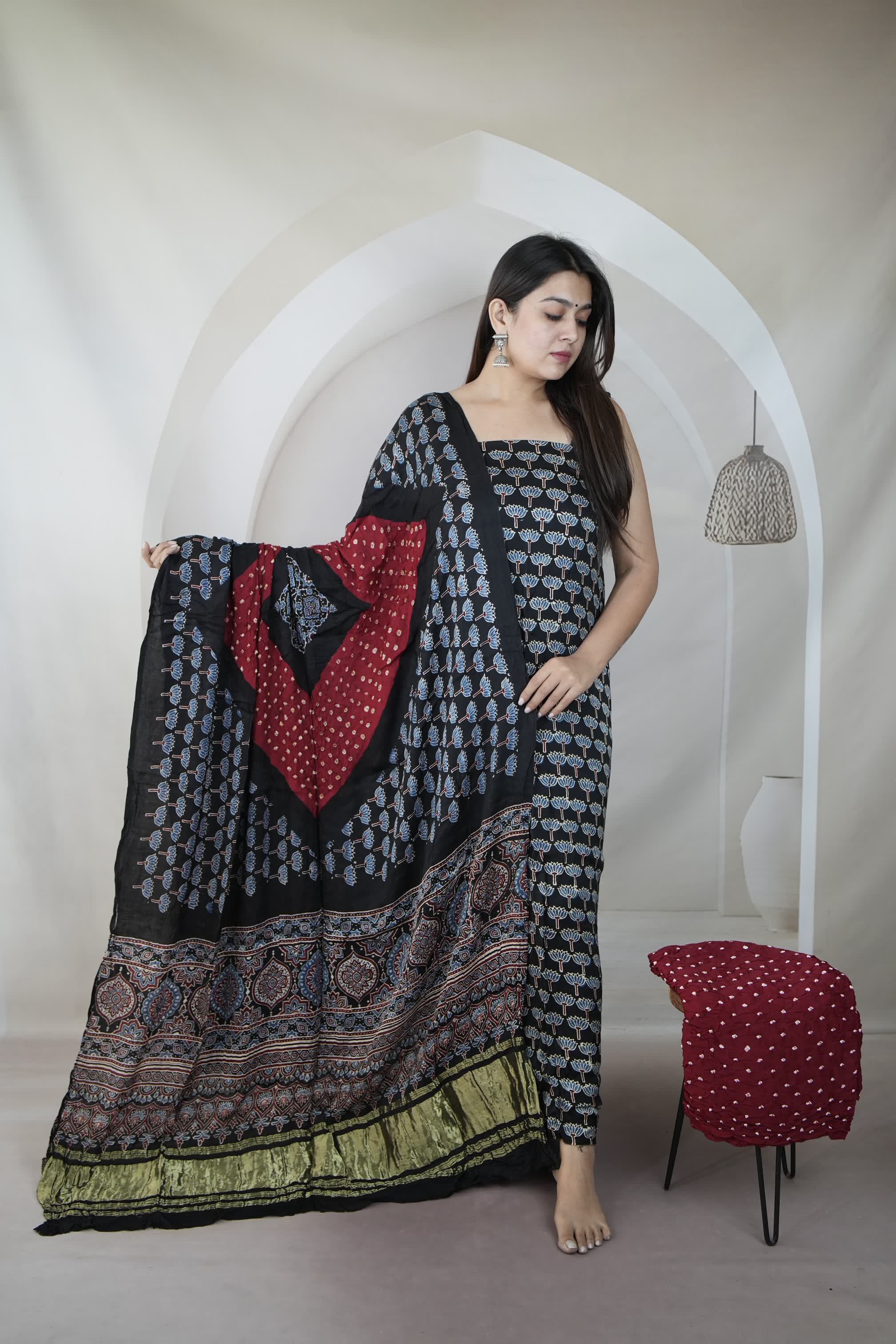 Black & Maroon Ajarakh Bandhani Modal Silk Suit Material