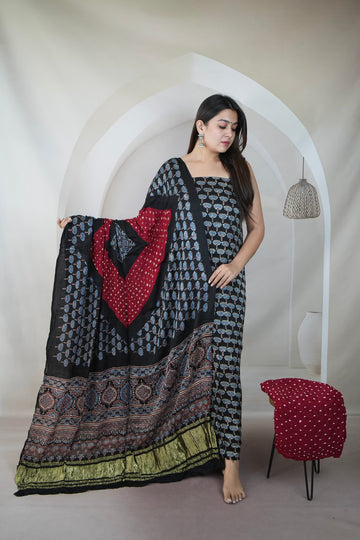 Black & Maroon Ajarakh Bandhani Modal Silk Suit Material