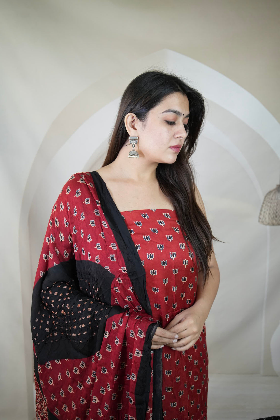 Maroon & Black Ajarakh Bandhani Modal Silk Suit Material