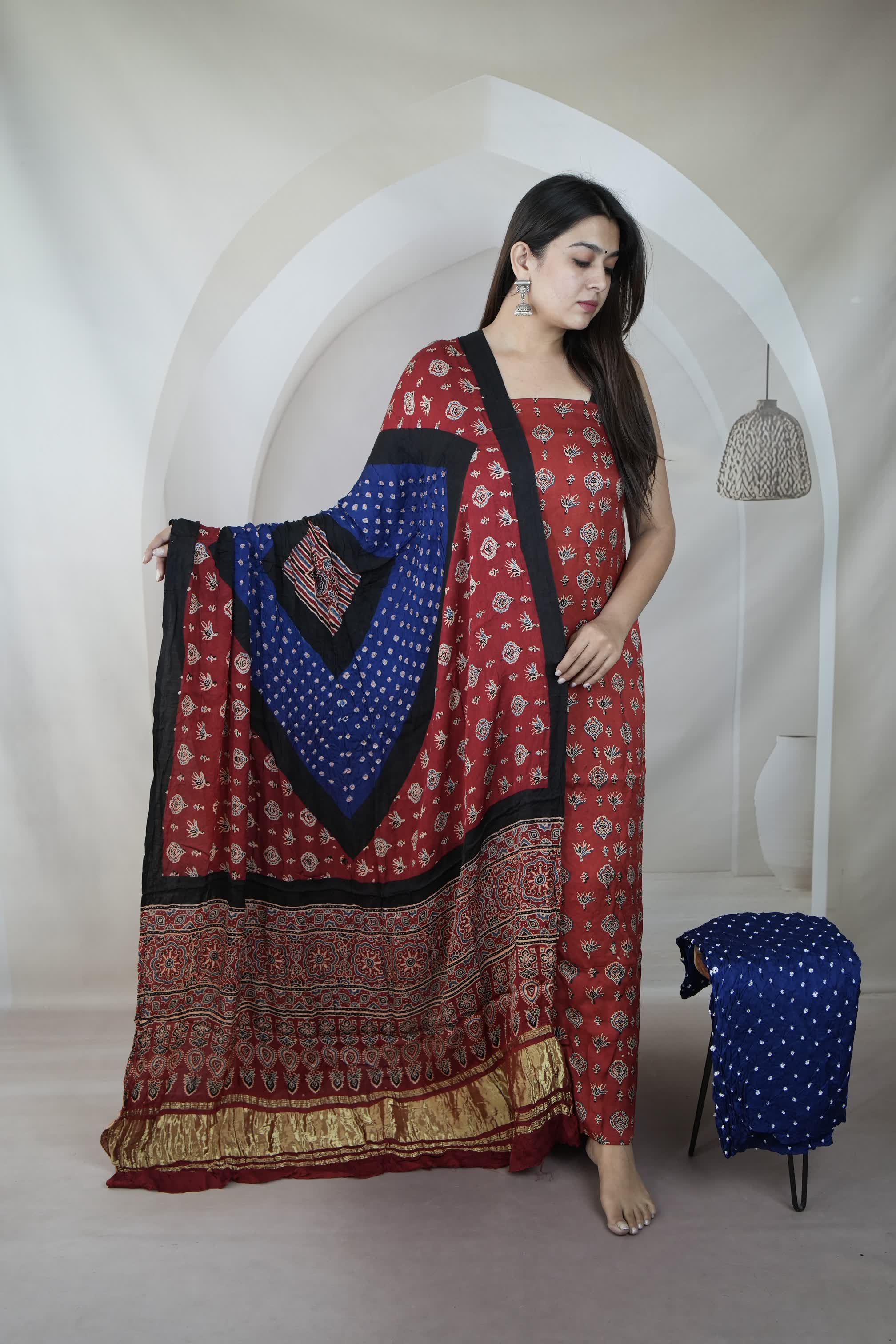 Maroon & Royal Blue Ajarakh Bandhani Modal Silk Suit Material