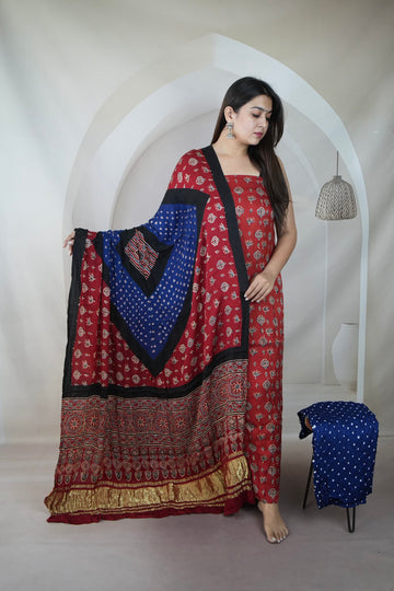 Maroon & Royal Blue Ajarakh Bandhani Modal Silk Suit Material