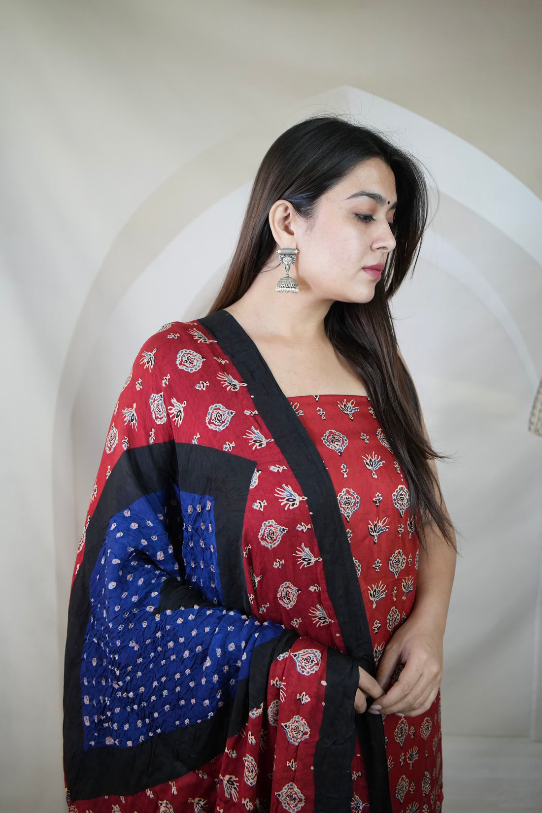 Maroon & Royal Blue Ajarakh Bandhani Modal Silk Suit Material