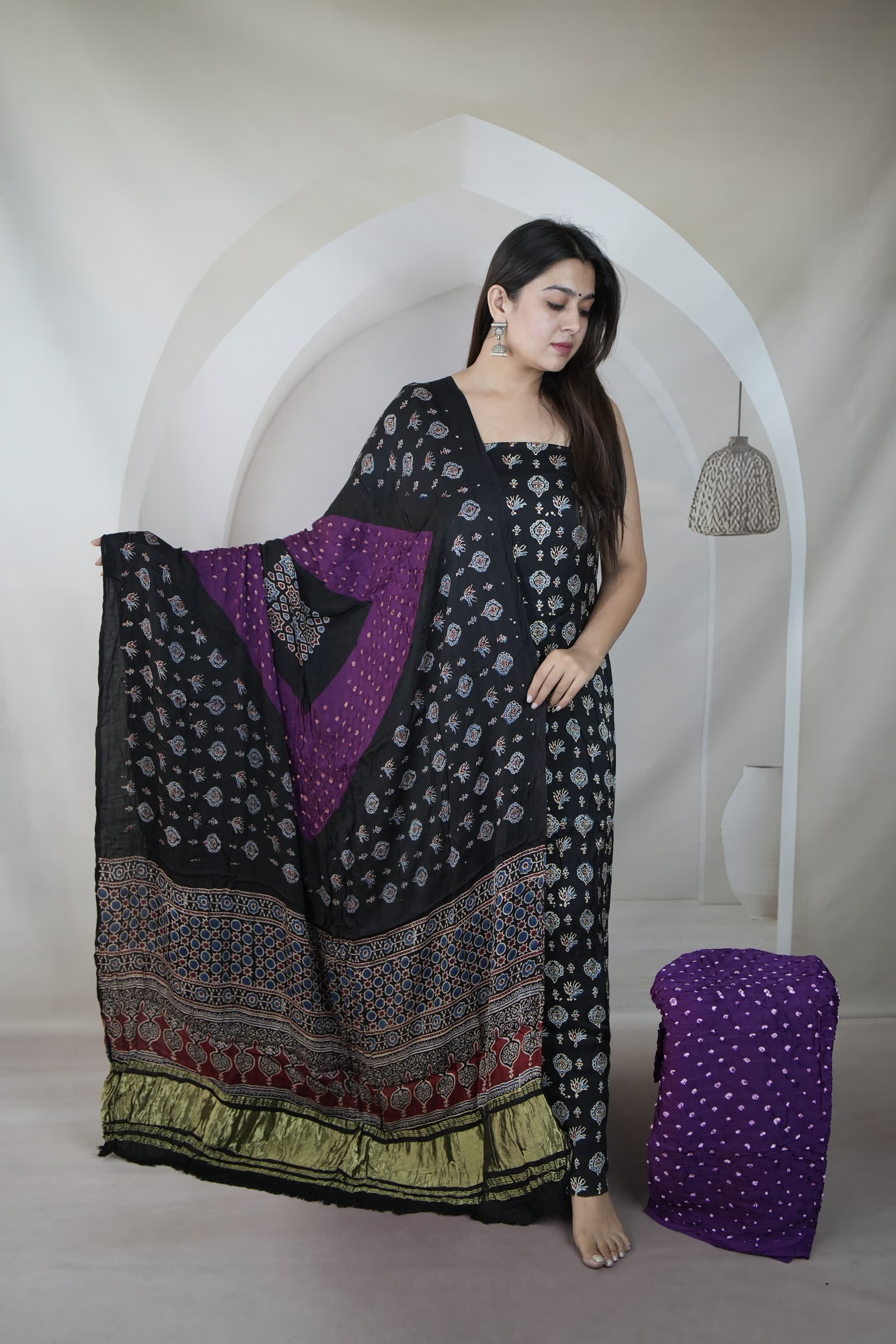 Black & Magenta Ajarakh Bandhani Modal Silk Suit Material